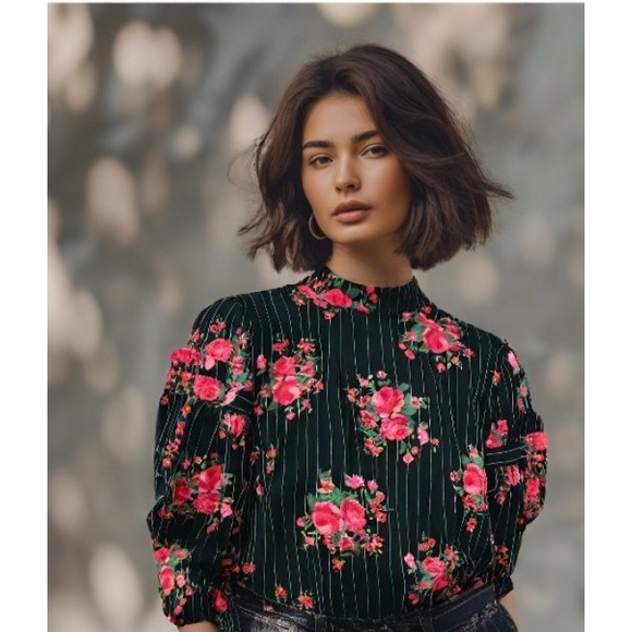 H&M Floral Top Pinstripe Long Balloon Sleeve Keyhole Back Black Pink Size Small - Picture 1 of 6